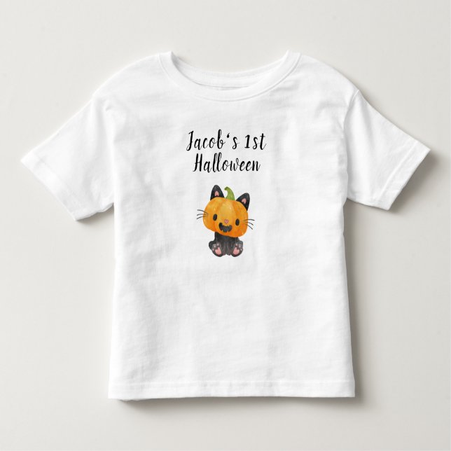 Cute 1st Halloween Pumpkin Cat with Name Toddler T-Shirt (Front)