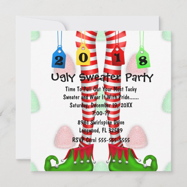 Cute 2018 Elf Stocking Ugly Sweater Party Invite (Front)