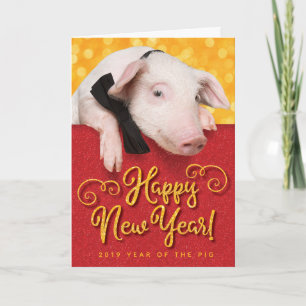 Cute 2019 Happy New Year Pig With Bow Tie Card