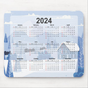 Cute 2024 Calendar Winter Scene with Cabin Mouse Pad