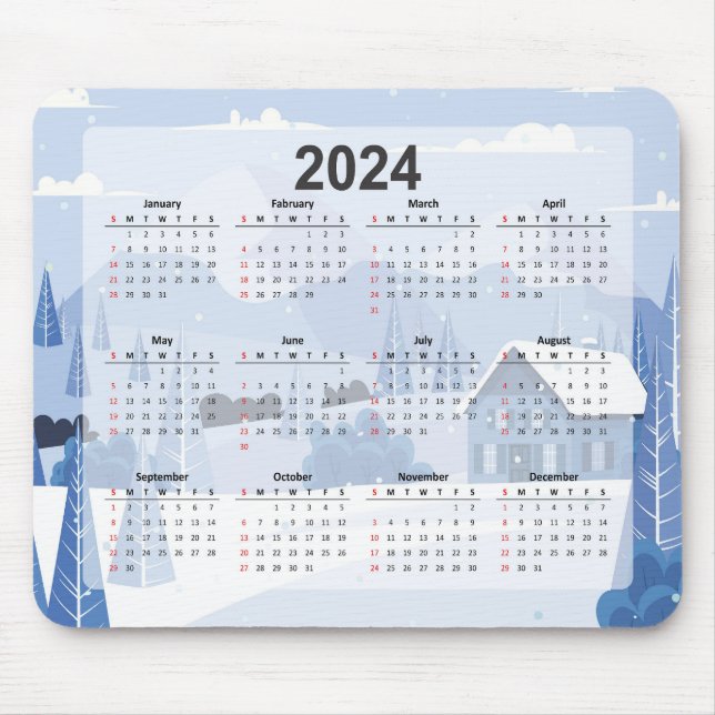 Cute 2024 Calendar Winter Scene with Cabin Mouse Pad (Front)