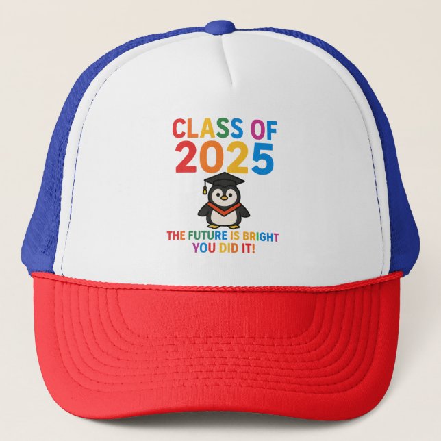 Cute 2025 Penguin Graduation Trucker Hat (Front)