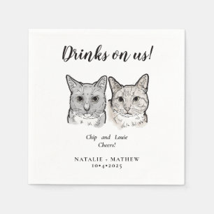 Cute 2 Cats Cheers Drinks on Us Wedding Napkin