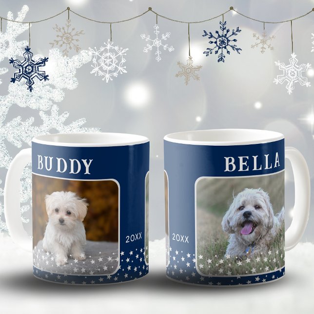 Cute 2 Dogs Photo Names Star Pattern Blue Coffee Mug (Creator Uploaded)