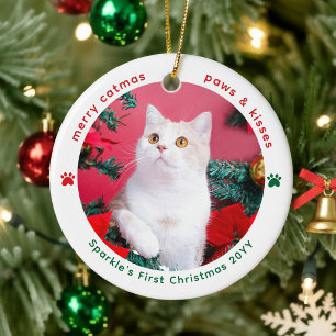 Cute 2 Pet Photo Cats First Christmas Ceramic Ornament