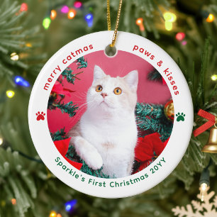 Cute 2 Pet Photo Cats First Christmas Ceramic Ornament