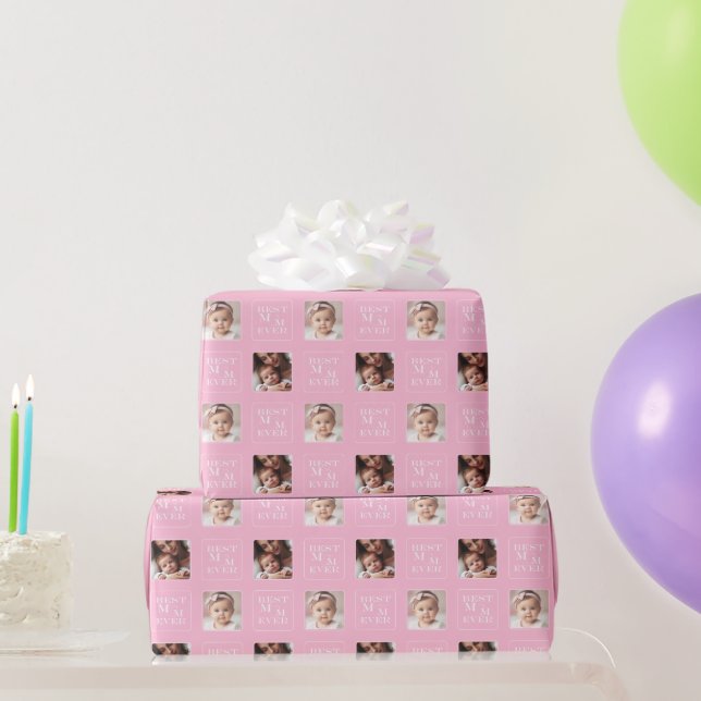 Cute 2 Photos "Best Mum Ever" Pink and White Heart Wrapping Paper (Party Gifts)