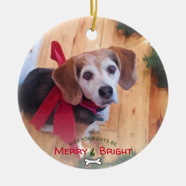 Cute 2 Sided Dog Photo Merry and Bright Ceramic Ornament (Front)
