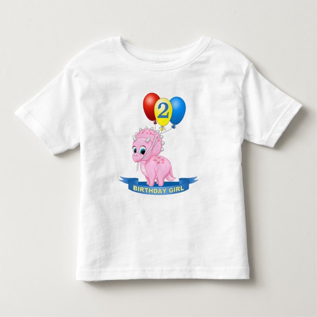 Cute 2nd Birthday Girl Pink Baby Triceratops Dino Toddler T-Shirt (Front)