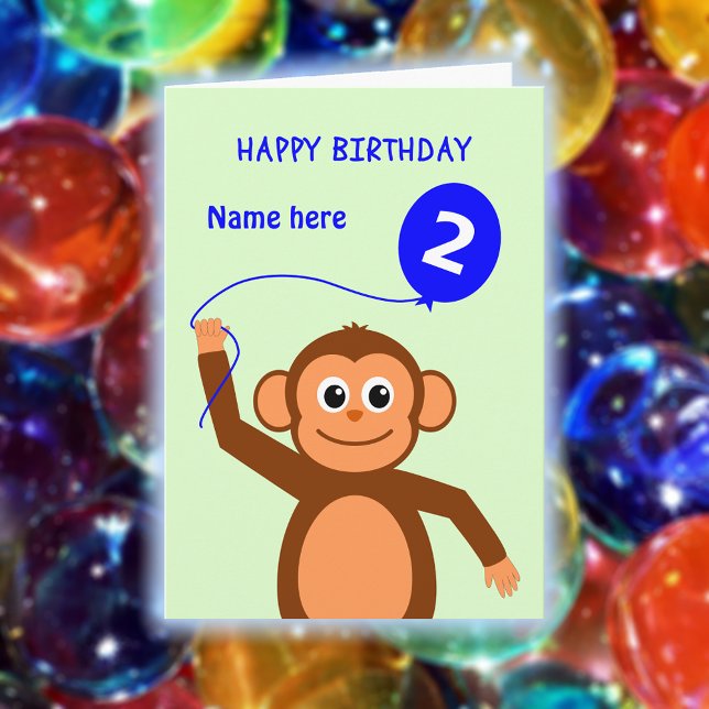 Cute 2nd birthday monkey add name blue card (Creator Uploaded)