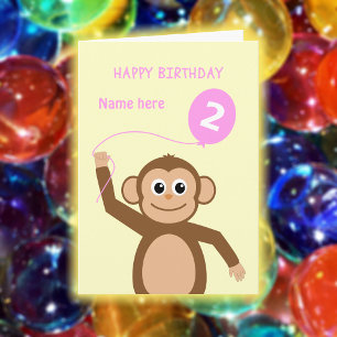 Cute 2nd birthday monkey add name pink card