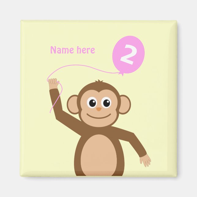 Cute 2nd birthday monkey add name pink cream magnet (Front)