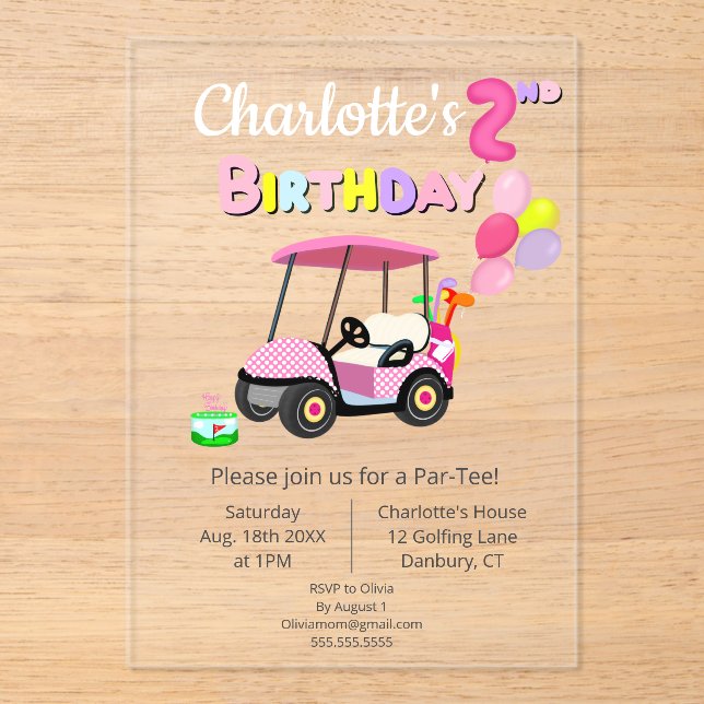 Cute 2nd Birthday Polka Dot Pink Girly Golf  Acrylic Invitations (Front)