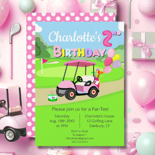 Cute 2nd Birthday Polka Dot Pink Girly Golf  Invitation