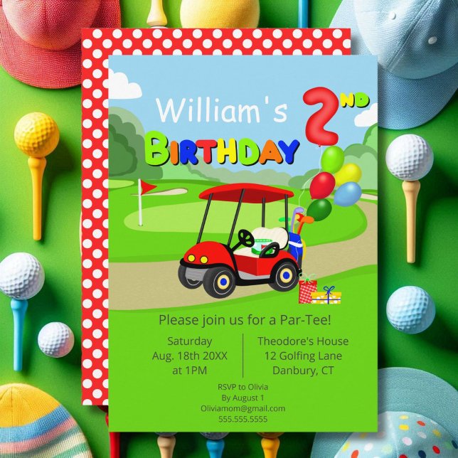 Cute 2nd Birthday Red Golf Cart Boy's Invitation (Creator Uploaded)