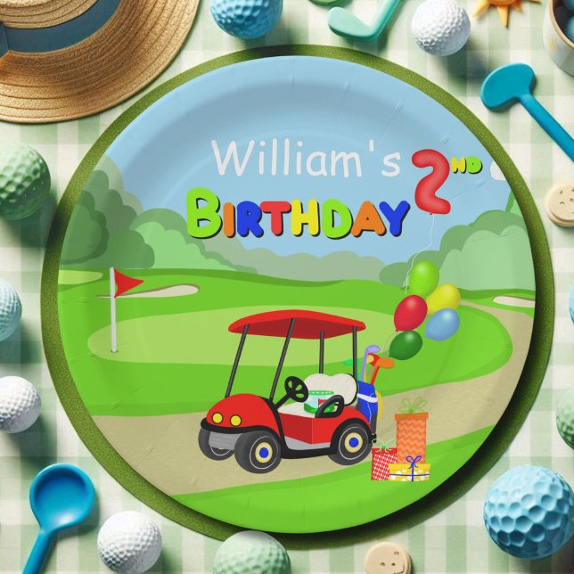 Cute 2nd Birthday Red Golf Cart Boy's Paper Plate (Creator Uploaded)