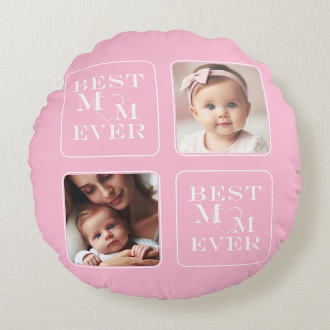 Cute 2Photo "Best Mum Ever" Pink and White Heart Round Cushion (Front)