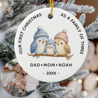 Cute 3 Birds Family First Christmas Photo Ceramic Ornament
