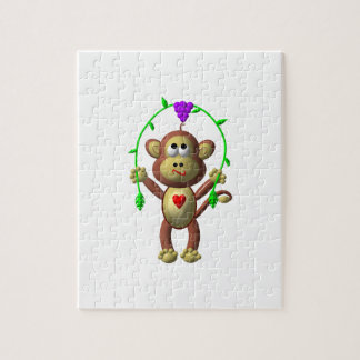 Cute 3-D Look Monkey with a Grapevine Jump-Rope Jigsaw Puzzle