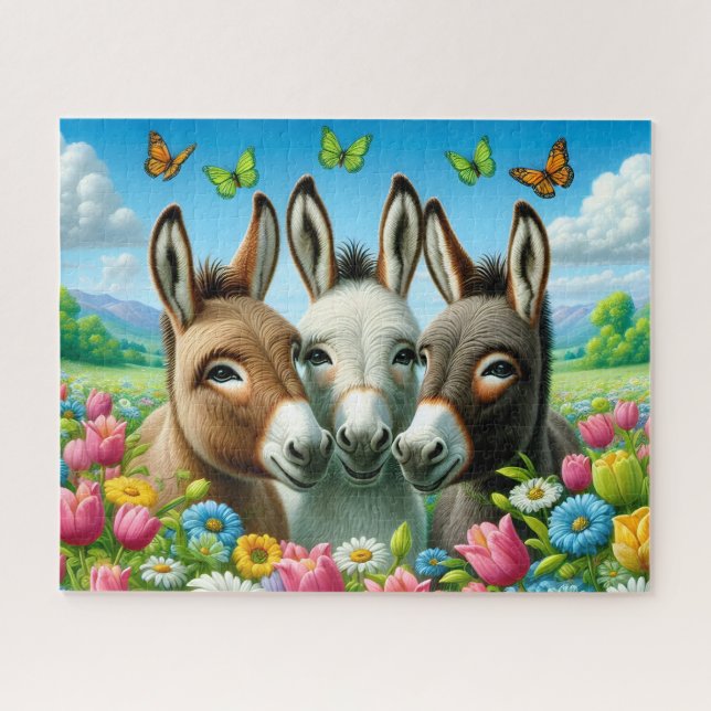 Cute 3 Donkeys In Flowers Jigsaw Puzzle (Horizontal)
