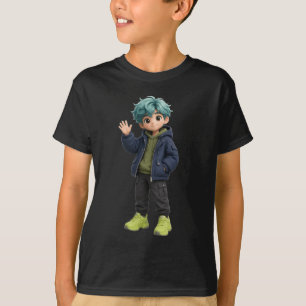 Cute 3D Anime Boy Waving Dark Blue Jacket Kids T-S T-Shirt