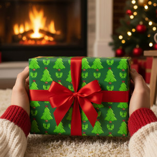 Cute 3D Christmas Trees & Bows Gift Wrapping Paper
