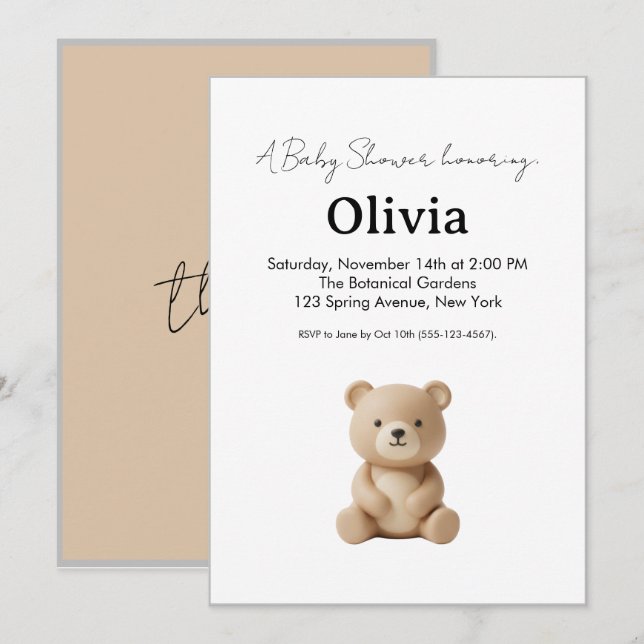 Cute 3D Clay Bear Neutral Baby Shower Invitation (Front/Back)