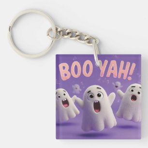 Cute 3D Fuzzy Ghost Characters Yelling Boo Yah! Key Ring