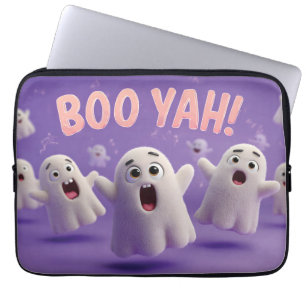 Cute 3D Fuzzy Ghost Characters Yelling Boo Yah! Laptop Sleeve