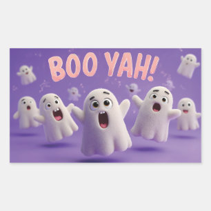 Cute 3D Fuzzy Ghost Characters Yelling Boo Yah! Rectangular Sticker