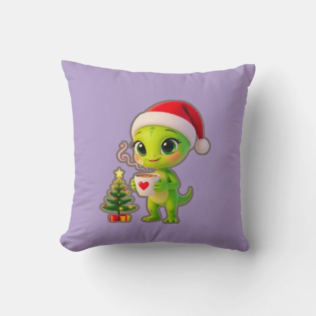 **Cute 3D Green Alien in Santa Hat with Hot Chocol Cushion (Front)