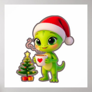 **Cute 3D Green Alien in Santa Hat with Hot Chocol Poster