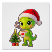 **Cute 3D Green Alien in Santa Hat with Hot Chocol
