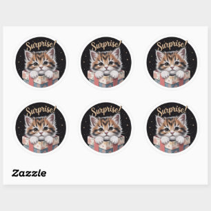 Cute 3D Kitten Surprise Gift Box Birthday Round St Classic Round Sticker