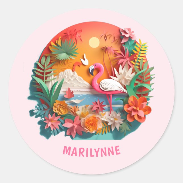 Cute 3D Pink Flamingo Back To School Classic Round Sticker (Front)
