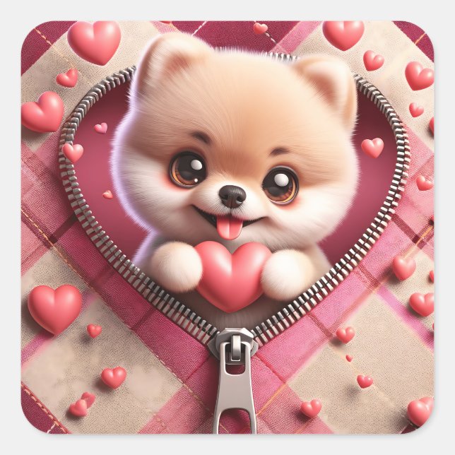 Cute 3D Puppy in a Pink and White Background (23) Square Sticker (Front)