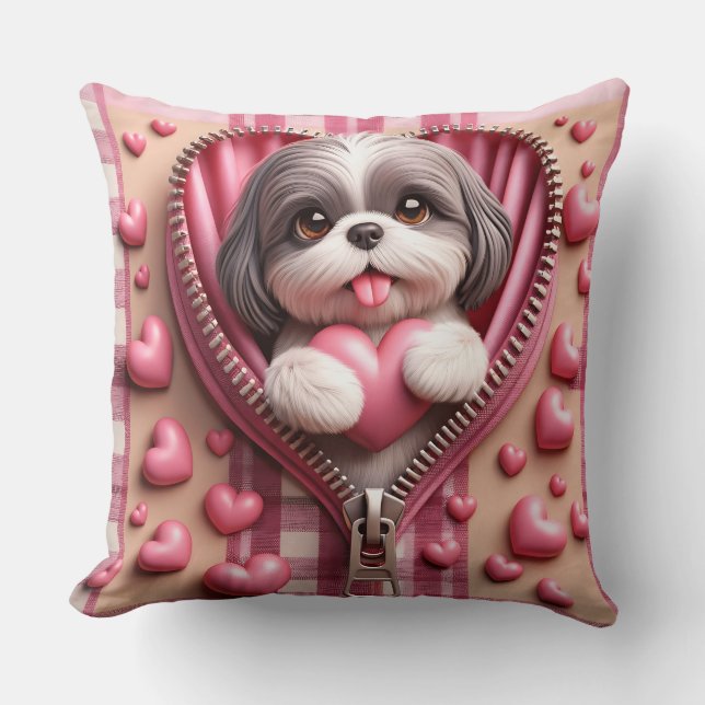Cute 3D Shih Tzu in a Pink and White Background Cushion (Front)