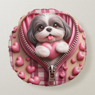 Cute 3D Shih Tzu in a Pink and White Background Round Cushion