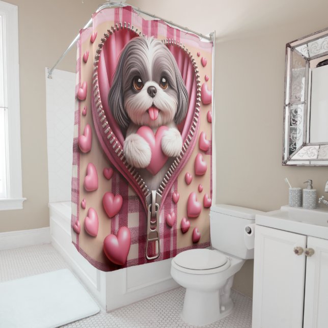 Cute 3D Shih Tzu in a Pink and White Background Shower Curtain (In Situ)