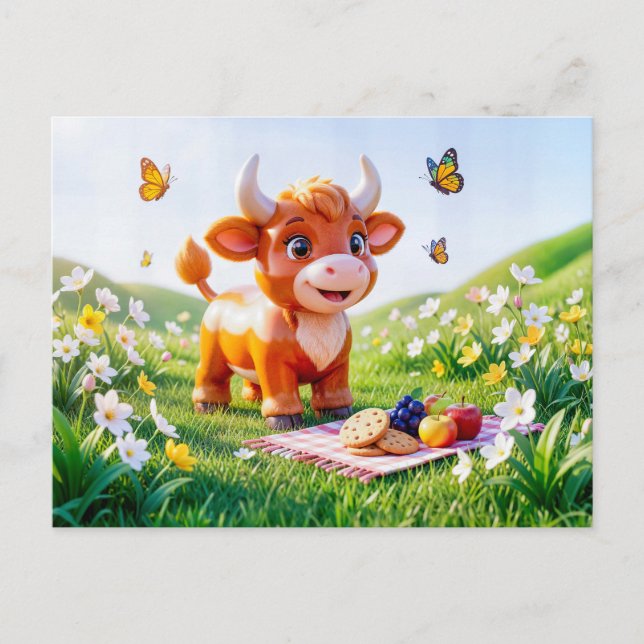 Cute 3D Taurus Zodiac Picnic Postcard (Front)