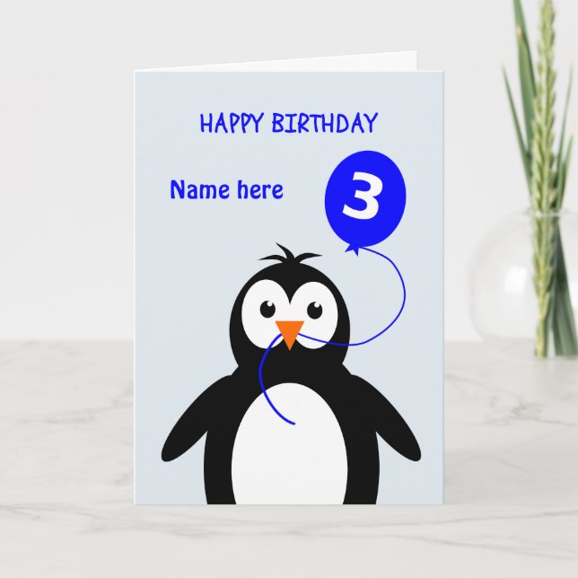 Cute 3rd birthday penguin add name blue card (Front)