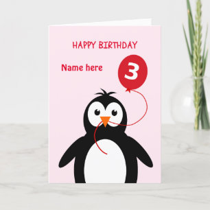 Cute 3rd birthday penguin add name pink card