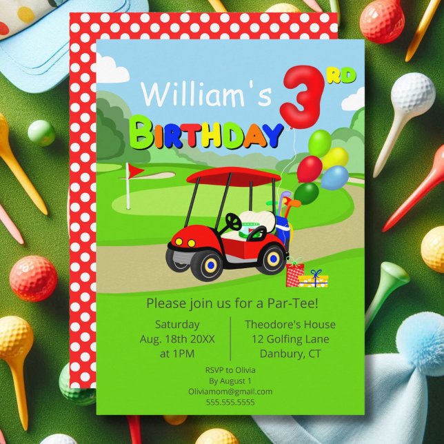 Cute 3rd Birthday Red Golf Cart Boy's Invitation (Creator Uploaded)