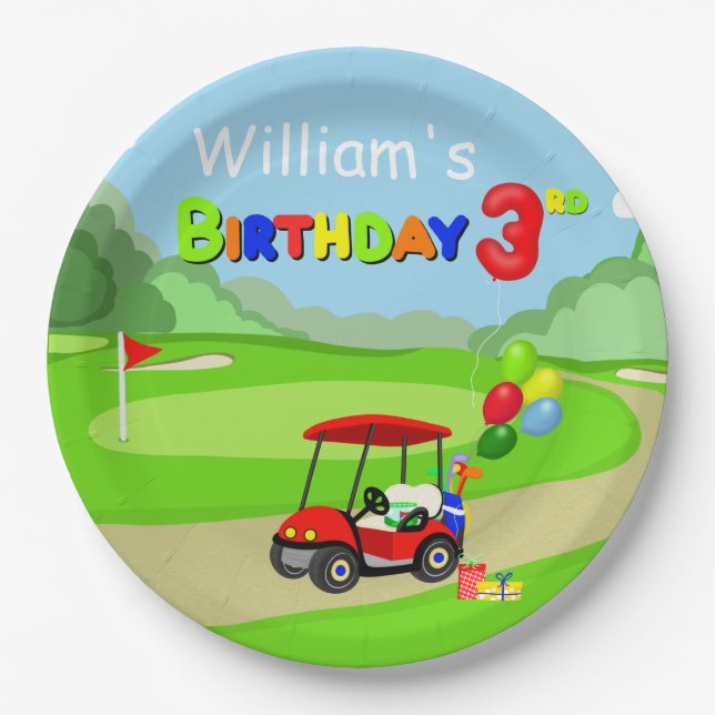 Cute 3rd Birthday Red Golf Cart Boy's Paper Plate (Front)