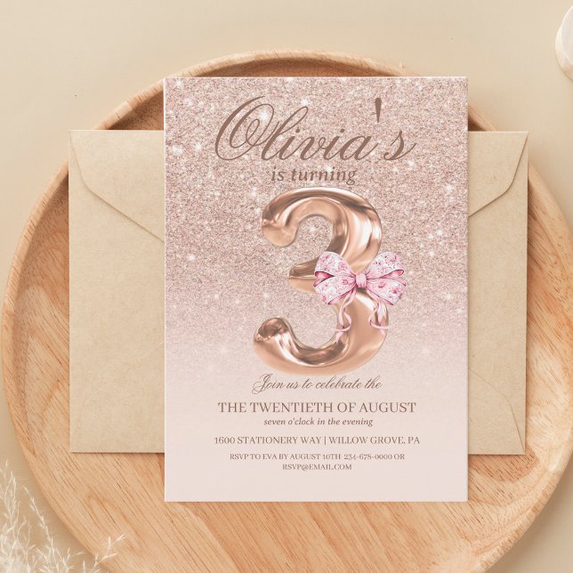 Cute 3rd Rose Gold Modern Princess Birthday Party Invitation (Creator Uploaded)