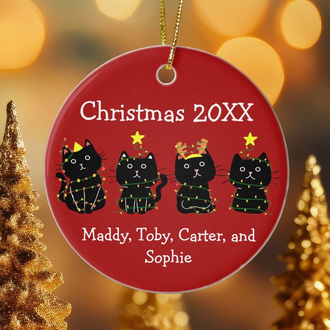 Cute 4 Cat Christmas Lights Custom Names Red Ceramic Ornament (Creator Uploaded)