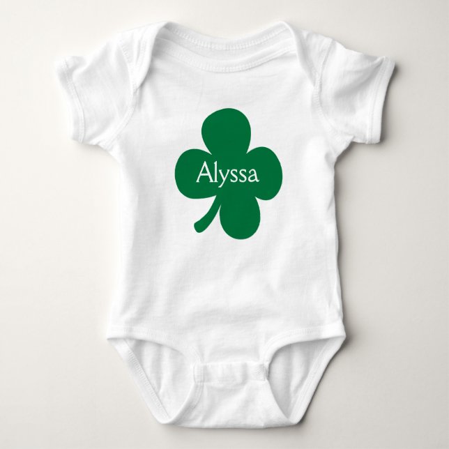 Cute 4 Leaf Clover Personalised St Patricks Day Baby Bodysuit (Front)