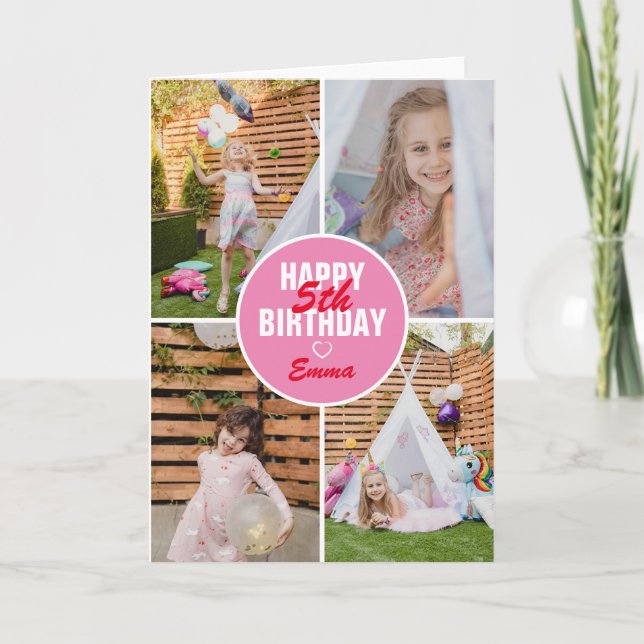 Cute 4 Photo Birthday Card Any Age | Custom Colour (Front)