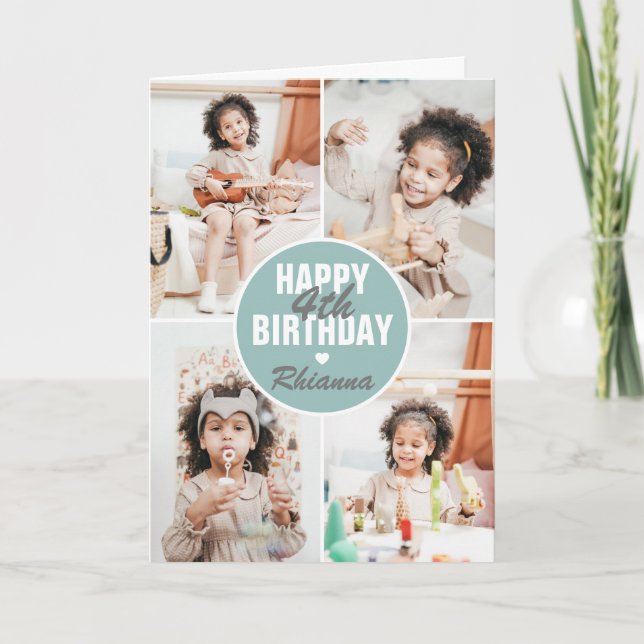 Cute 4 Photo Birthday Card Any Age | Custom Colour (Front)