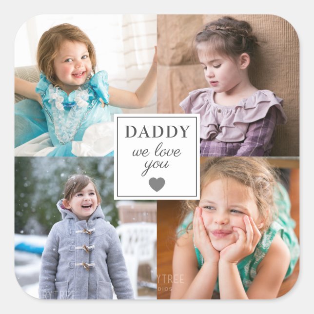 Cute 4 Photo Collage Heart Father's Day Square Sticker (Front)